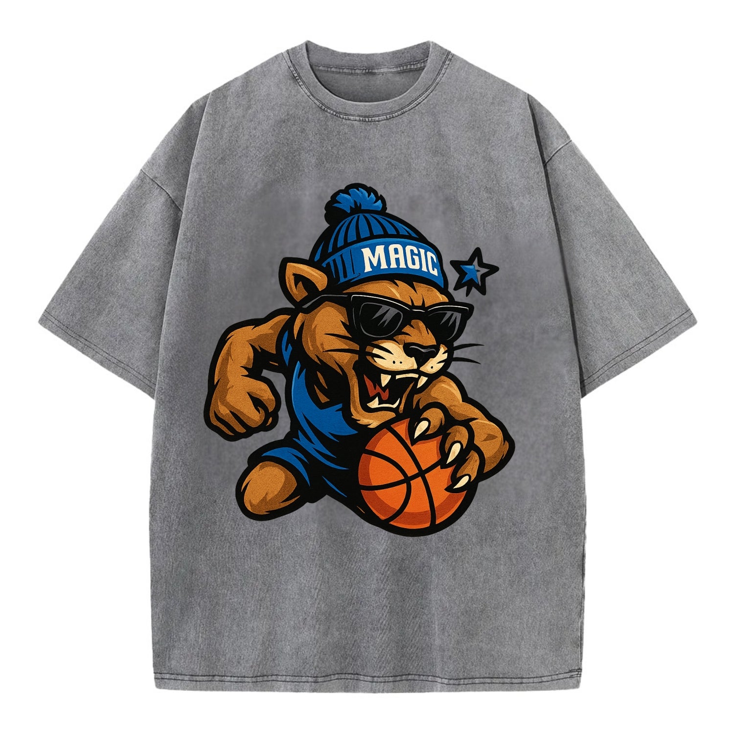 Florida Panther wearing Magic beanie with star wand patch and wayfarer sunglasses - Vintage T-shirt - Grey