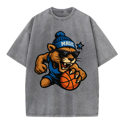 Florida Panther wearing Magic beanie with star wand patch and wayfarer sunglasses - Vintage T-shirt - Grey