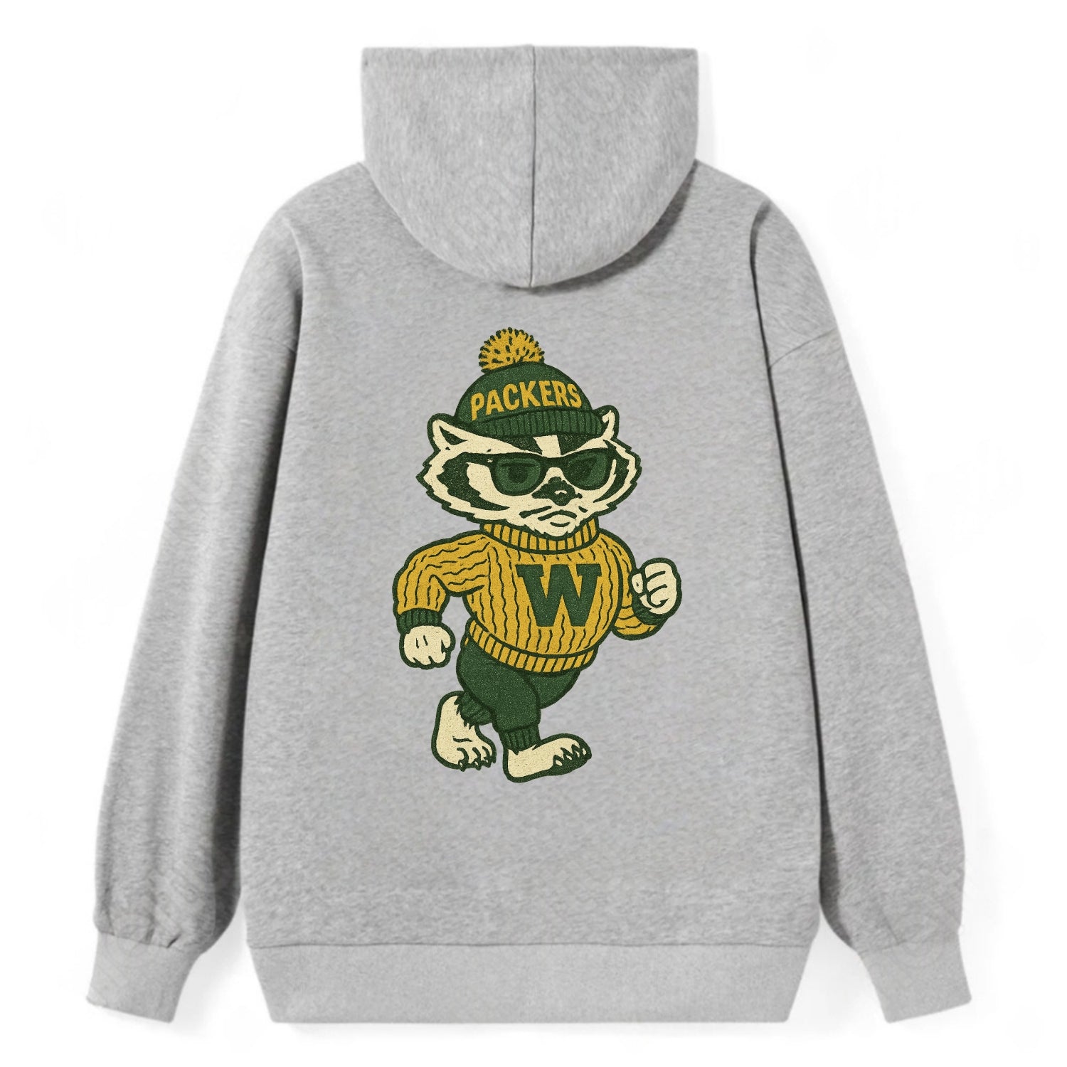 Wisconsin Badger wearing Packers green and gold beanie with pom pom and - Classic Pullover Hoodie - Grey