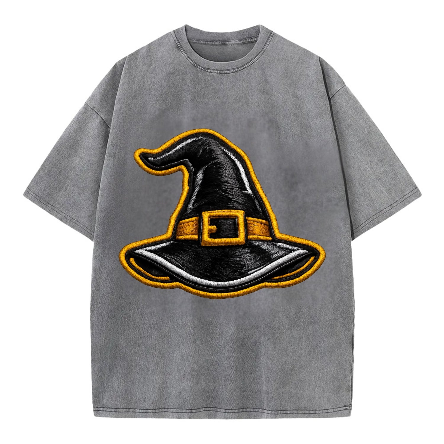 WITCH HAT - pointed hat with buckle in black and gold , coven - Vintage T-shirt - Grey
