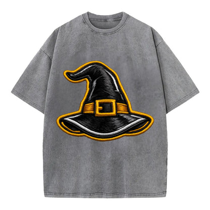 WITCH HAT - pointed hat with buckle in black and gold , coven - Vintage T-shirt - Grey
