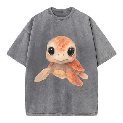 Baby Loggerhead Turtle - reddish-brown shell, big round dark eyes, chunky head, - Vintage T-shirt - Grey