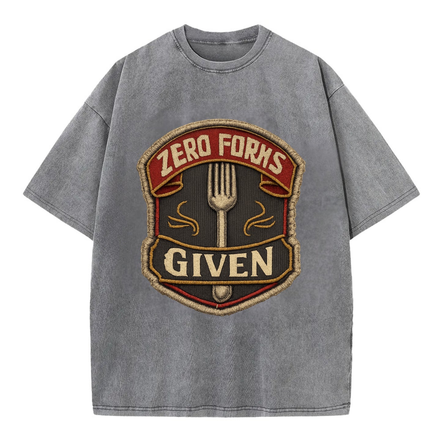 ZERO FORKS GIVEN - fork with text in silver , no cares attitude - Vintage T-shirt - Grey