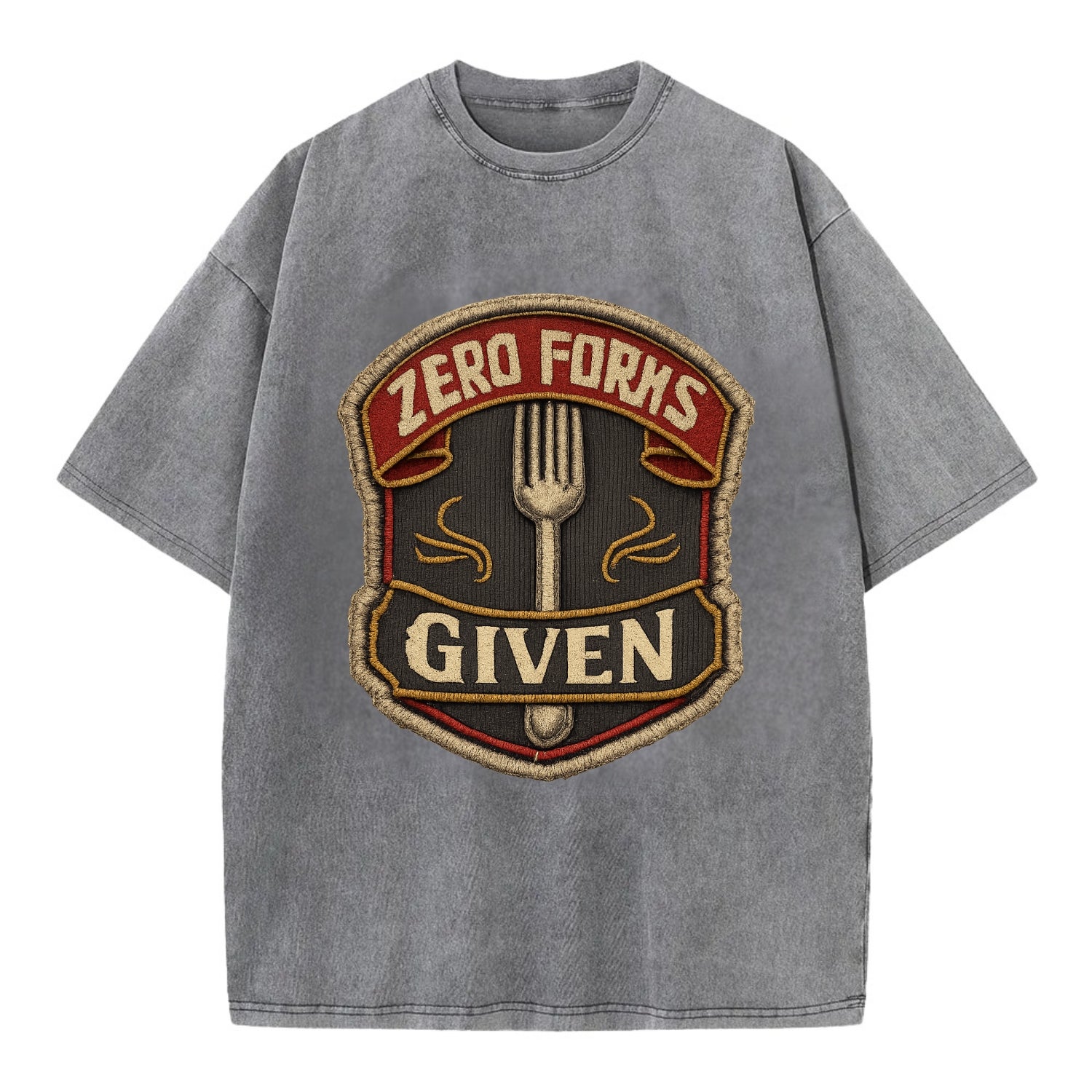 ZERO FORKS GIVEN - fork with text in silver , no cares attitude - Vintage T-shirt - Grey