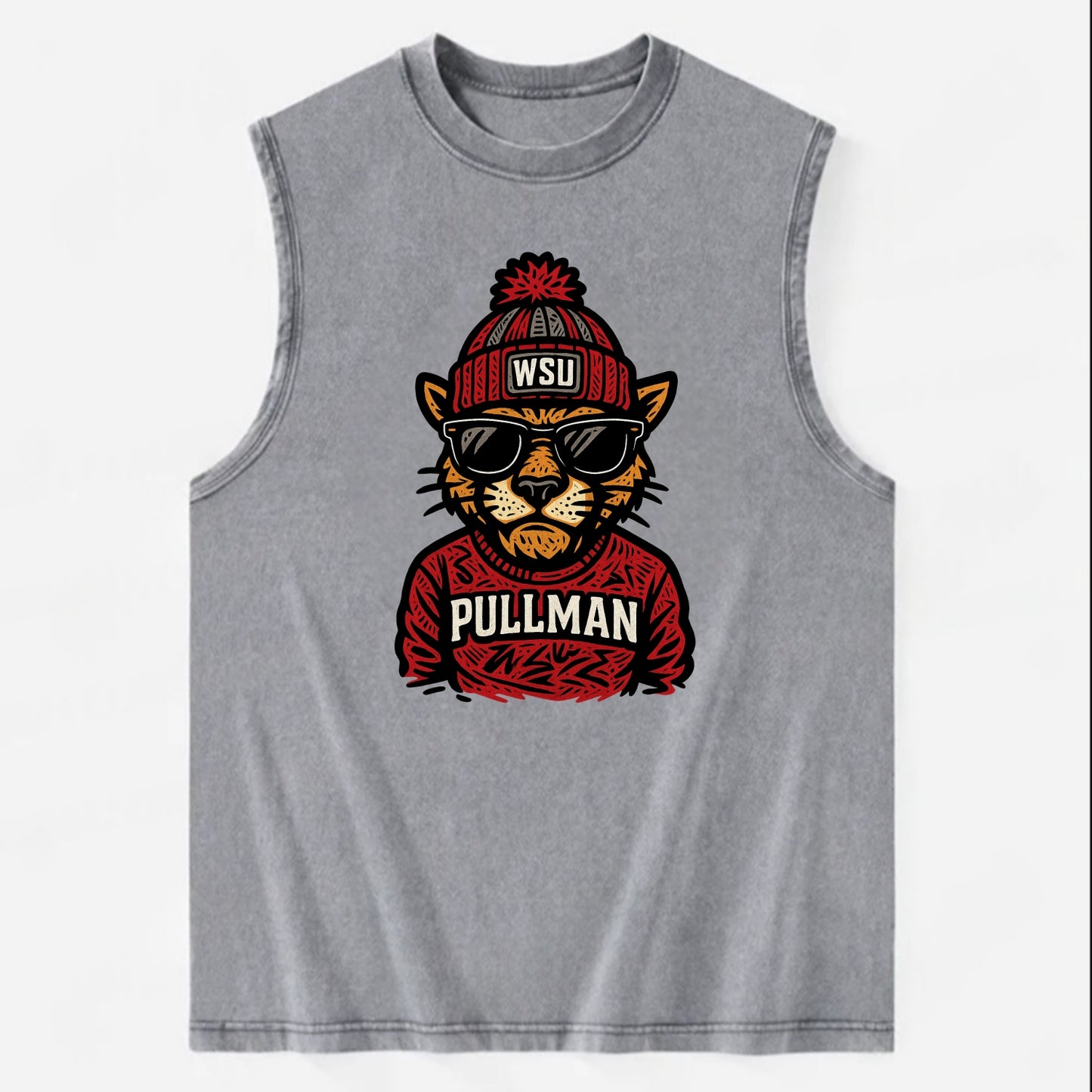 Pullman Cougar wearing Washington State beanie with WSU patch - Vintage Washed Tank - Grey