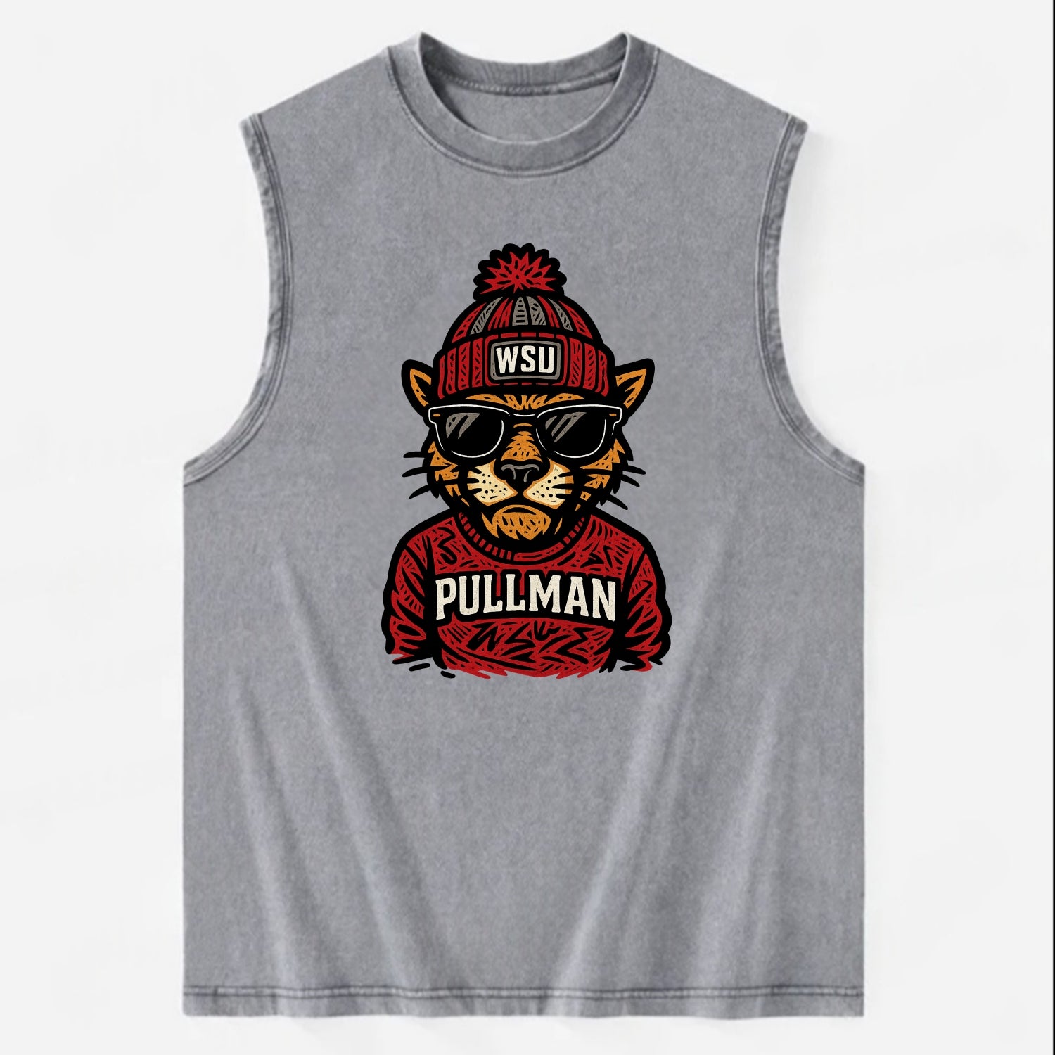 Pullman Cougar wearing Washington State beanie with WSU patch - Vintage Washed Tank - Grey