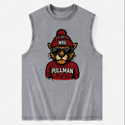 Pullman Cougar wearing Washington State beanie with WSU patch - Vintage Washed Tank - Grey