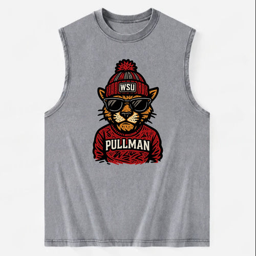 Pullman Cougar wearing Washington State beanie with WSU patch - Vintage Washed Tank