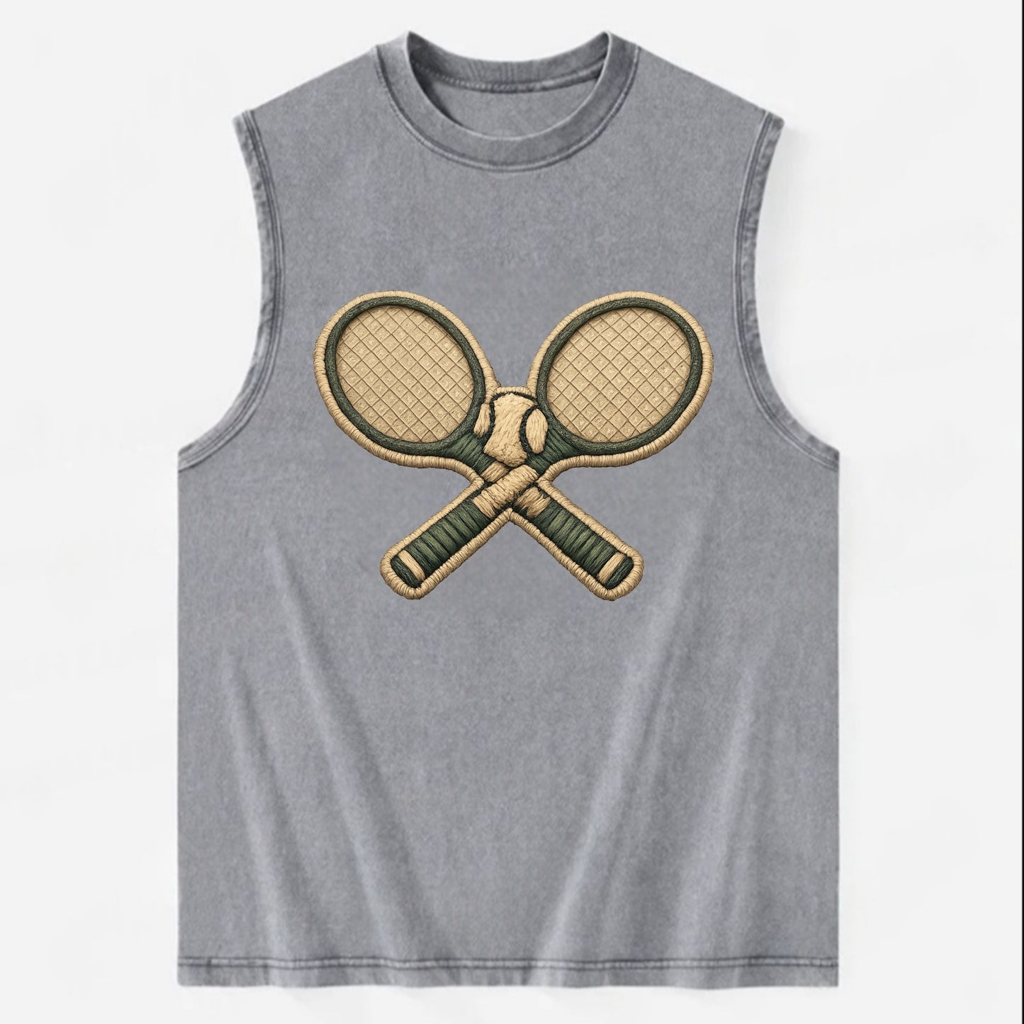 Embroidered patch design - TENNIS RACKET CROSSED - tennis rackets with ball - Vintage Washed Tank - Grey