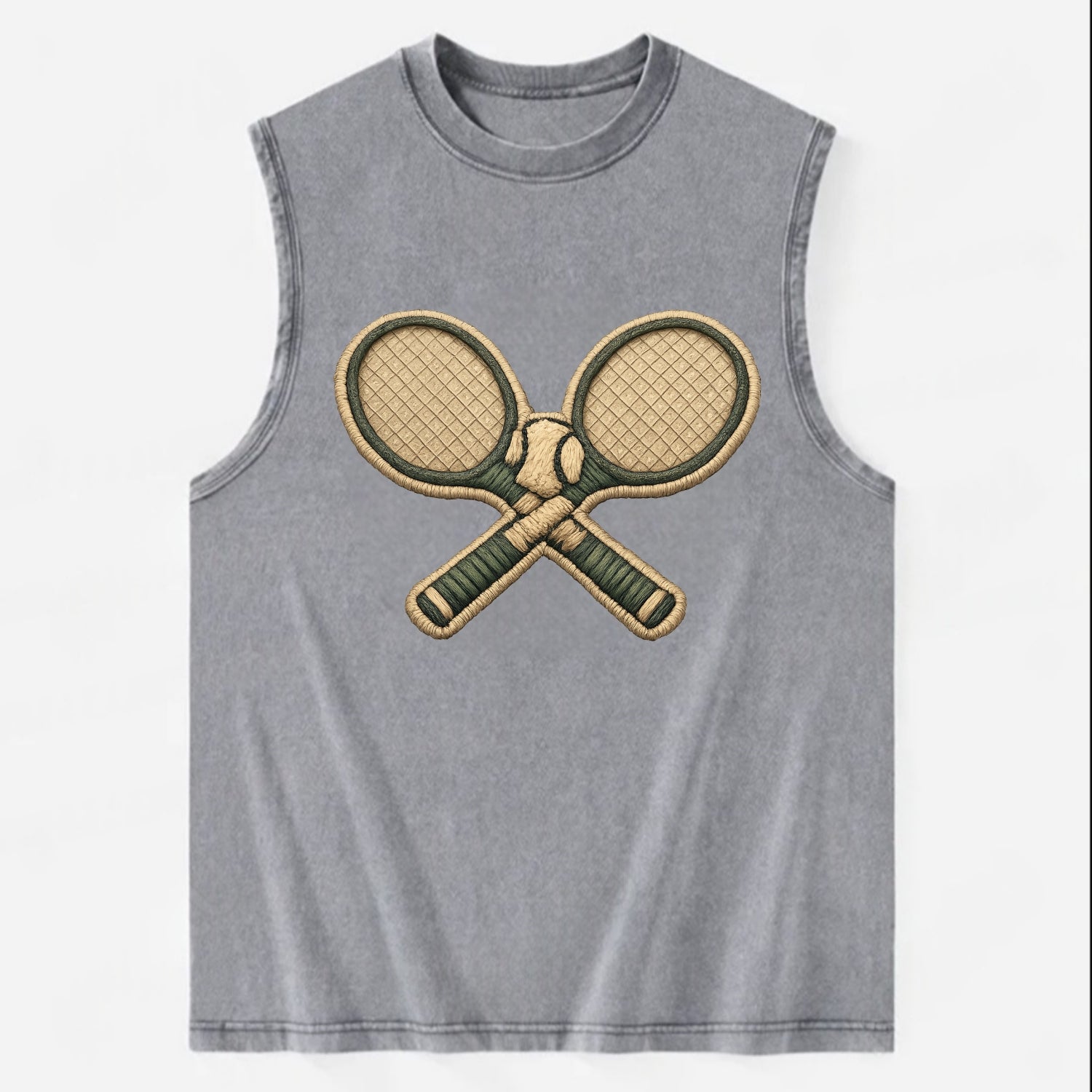 Embroidered patch design - TENNIS RACKET CROSSED - tennis rackets with ball - Vintage Washed Tank - Grey