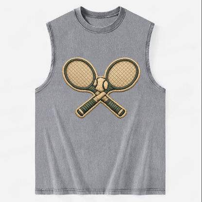 Embroidered patch design - TENNIS RACKET CROSSED - tennis rackets with ball - Vintage Washed Tank - Grey