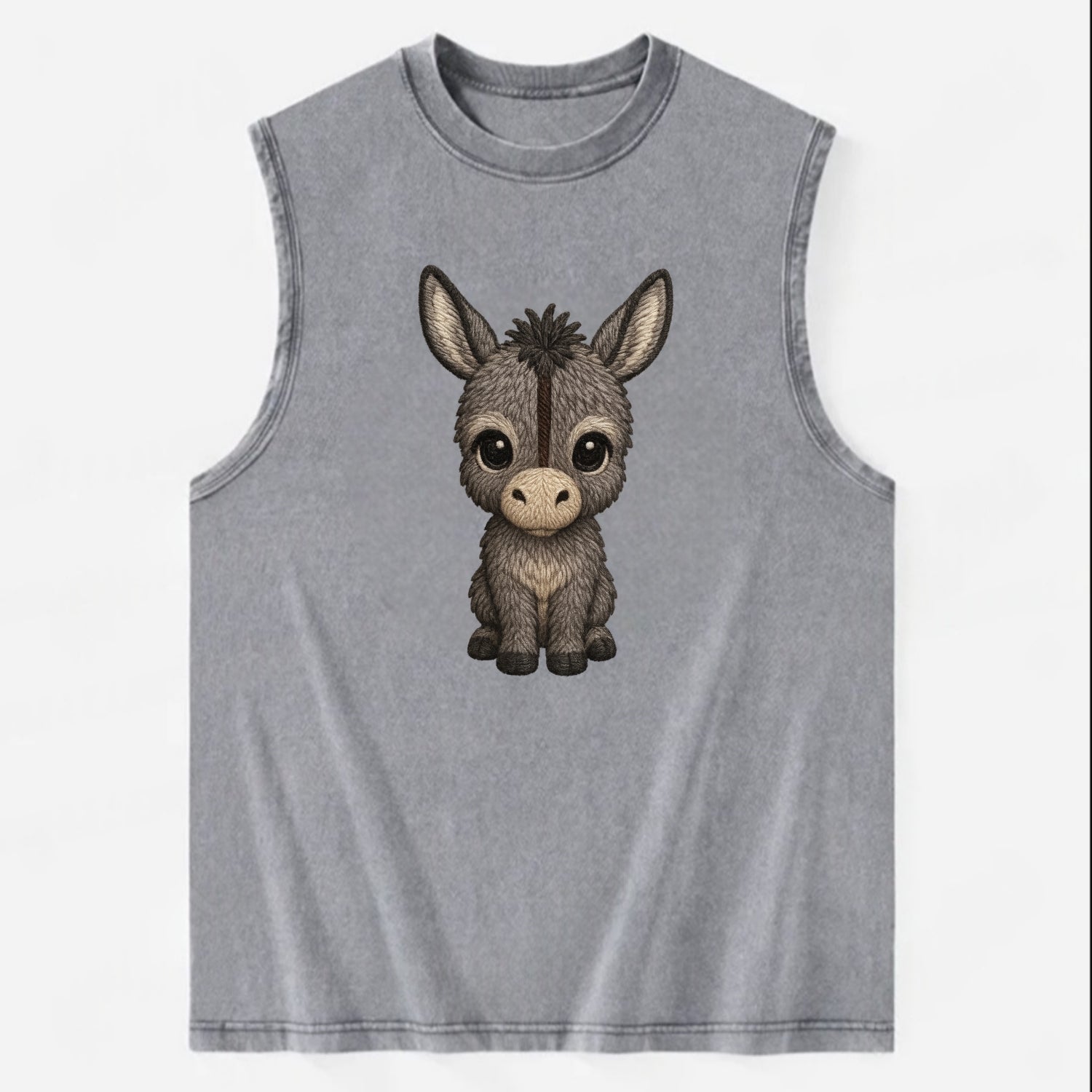 Baby Donkey Foal - gray fluffy, long ears, dark stripe, gentle eyes, - Vintage Washed Tank - Grey
