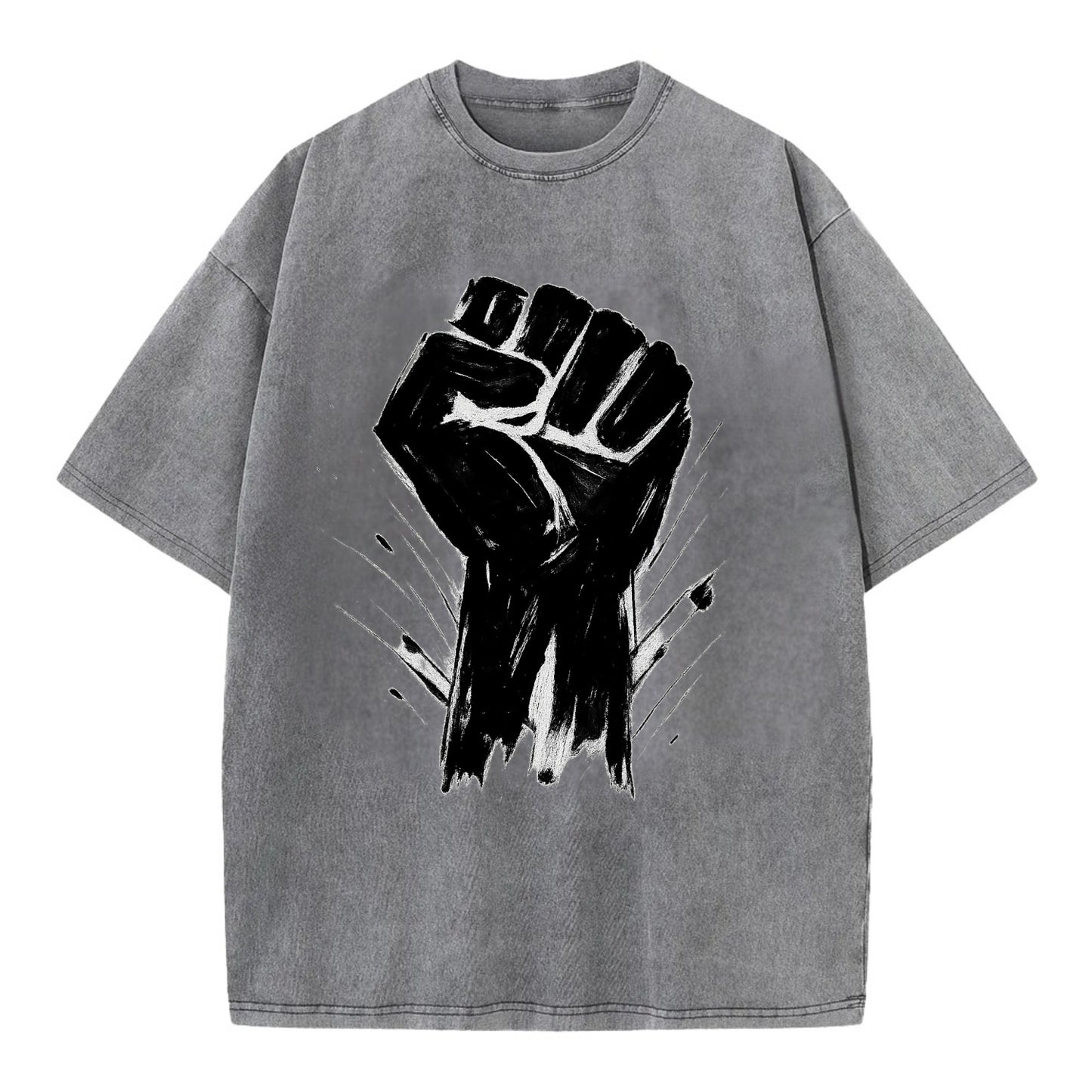Raised fist in bold black ink brushstrokes - symbol of solidarity and resistance - Vintage T-shirt - Grey