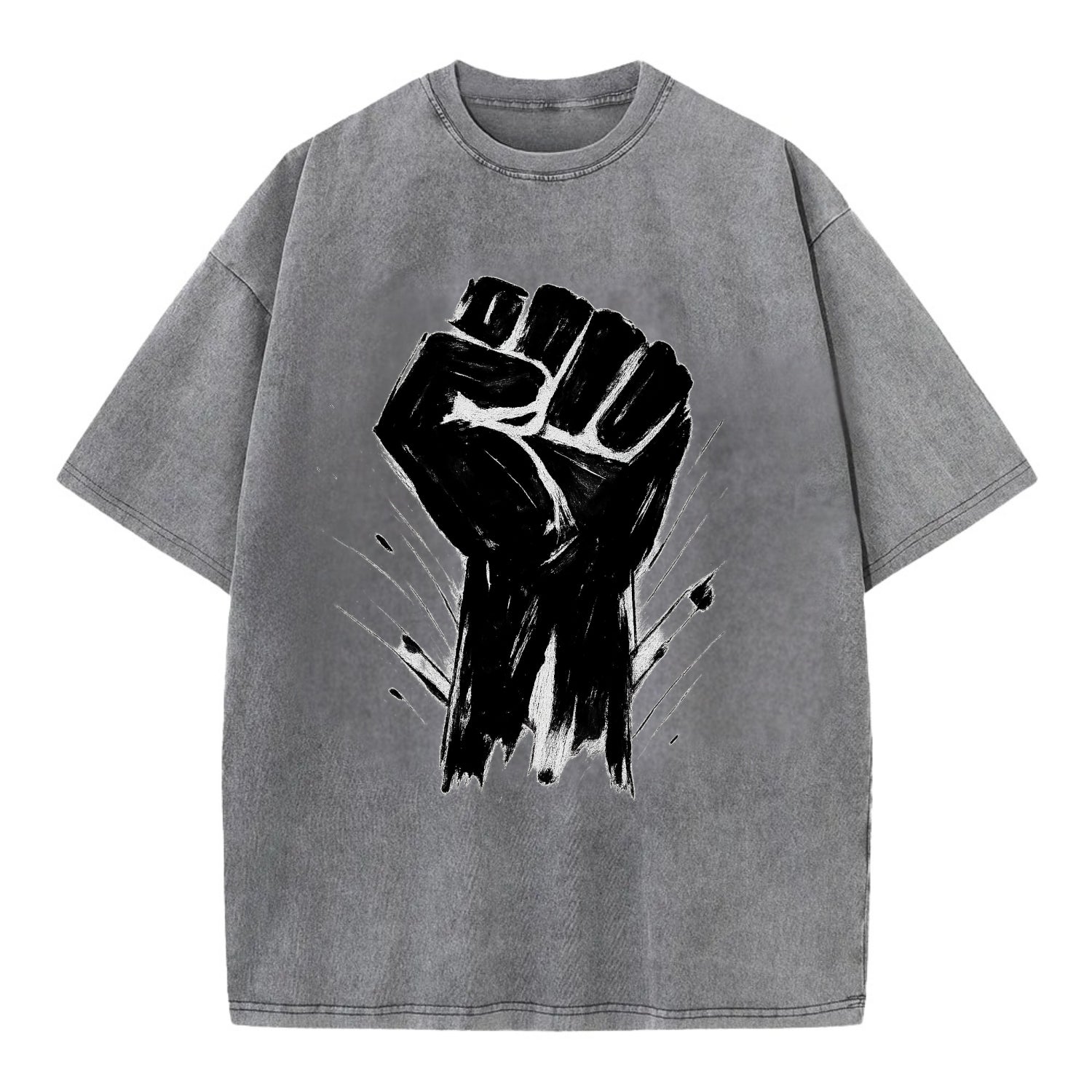 Raised fist in bold black ink brushstrokes - symbol of solidarity and resistance - Vintage T-shirt - Grey