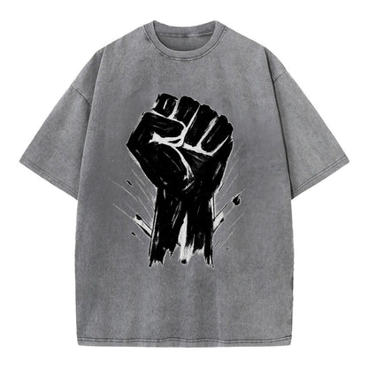 Raised fist in bold black ink brushstrokes - symbol of solidarity and resistance - Vintage T-shirt - Grey