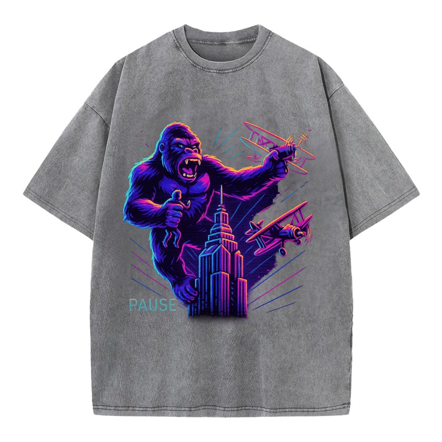 giant gorilla on top of skyscraper holding small figure, swatting planes - Vintage T-shirt - Grey