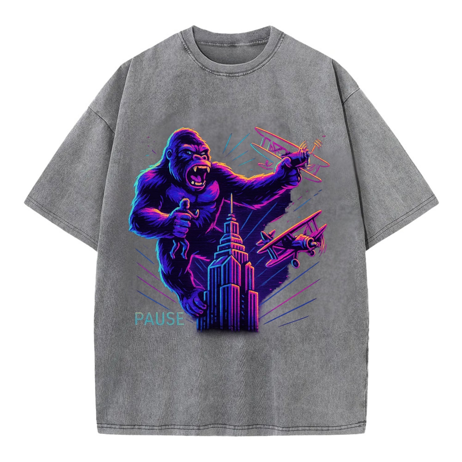 giant gorilla on top of skyscraper holding small figure, swatting planes - Vintage T-shirt - Grey