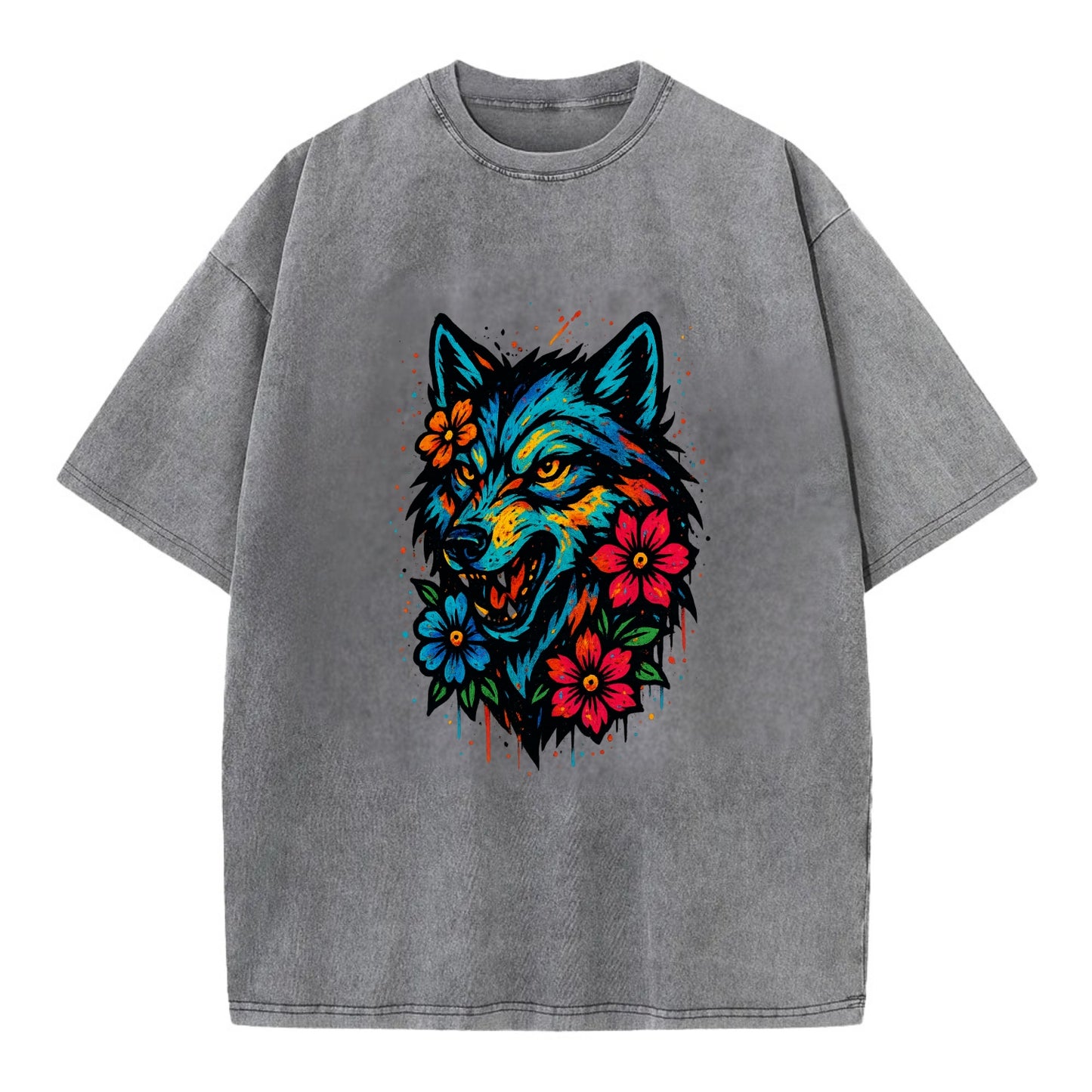 Floral Wolf Garden  - Vintage T-shirt - Grey