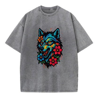 Floral Wolf Garden  - Vintage T-shirt - Grey