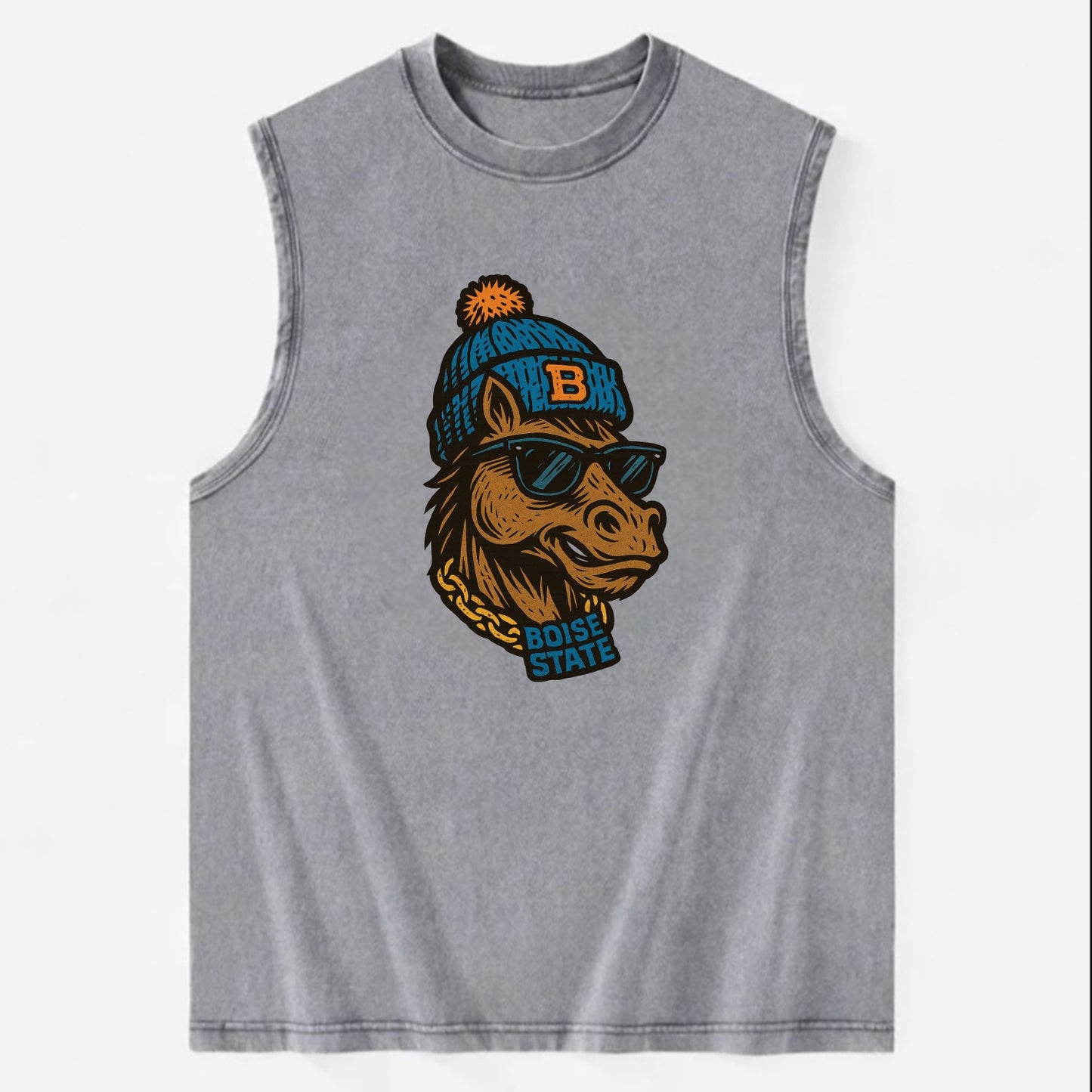 Boise Bronco wearing Boise State beanie with B patch - Vintage Washed Tank - Grey
