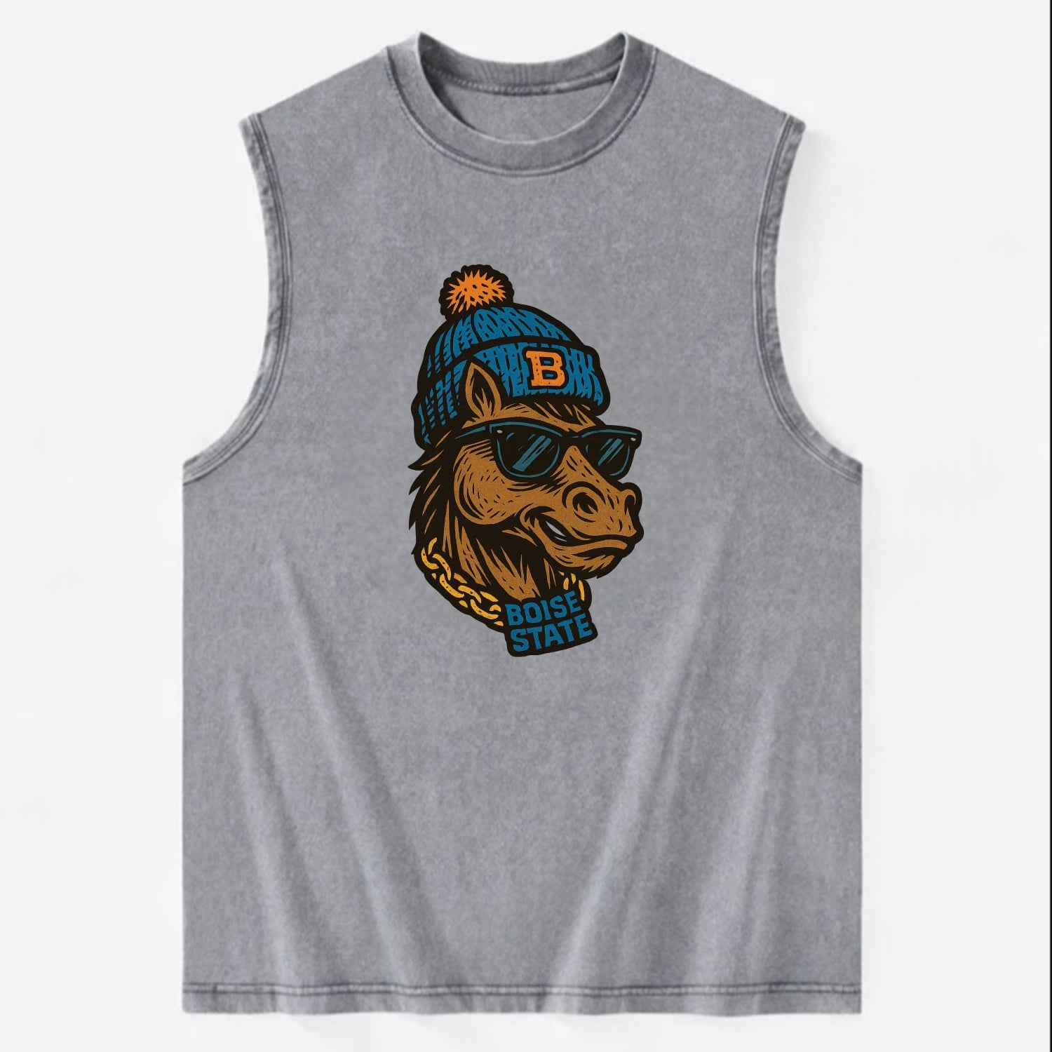 Boise Bronco wearing Boise State beanie with B patch - Vintage Washed Tank - Grey