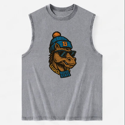 Boise Bronco wearing Boise State beanie with B patch - Vintage Washed Tank - Grey