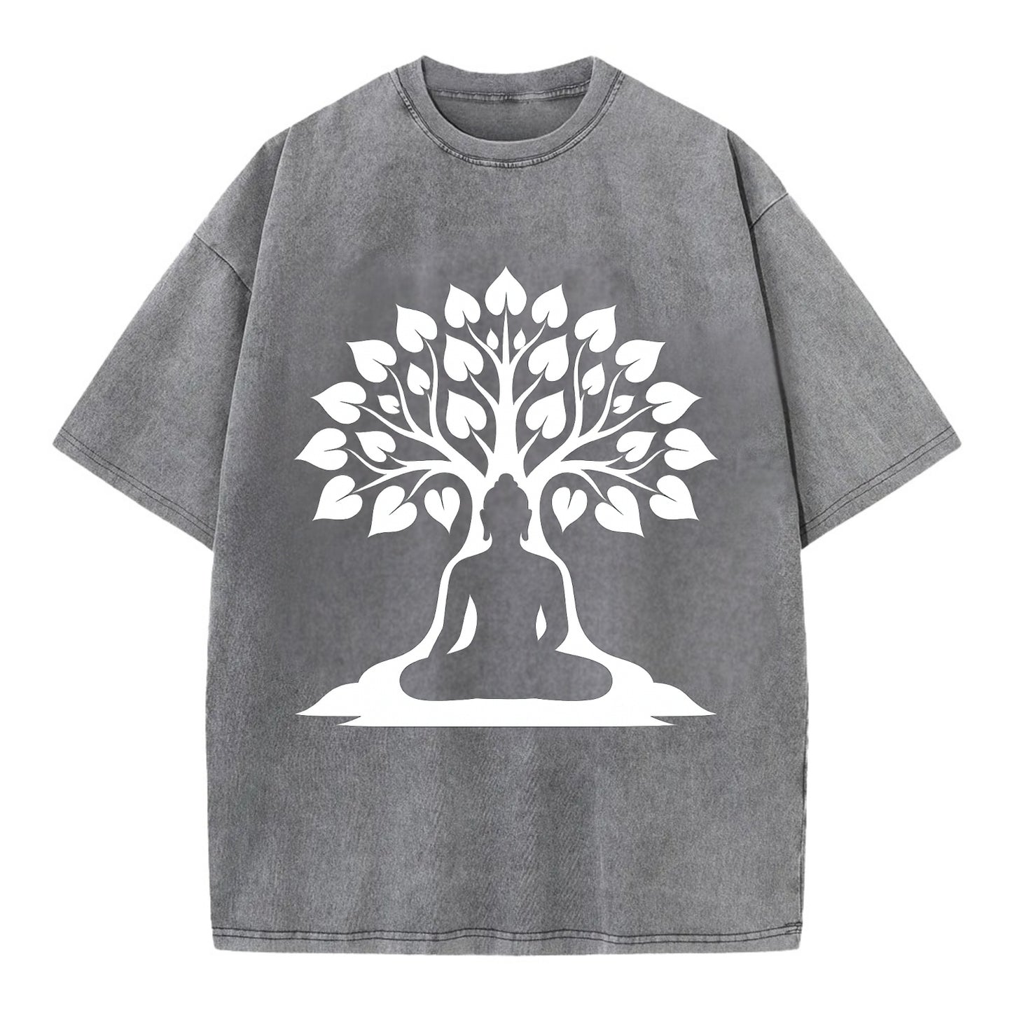 Buddha silhouette meditating - negative space forms bodhi tree - Vintage T-shirt - Grey