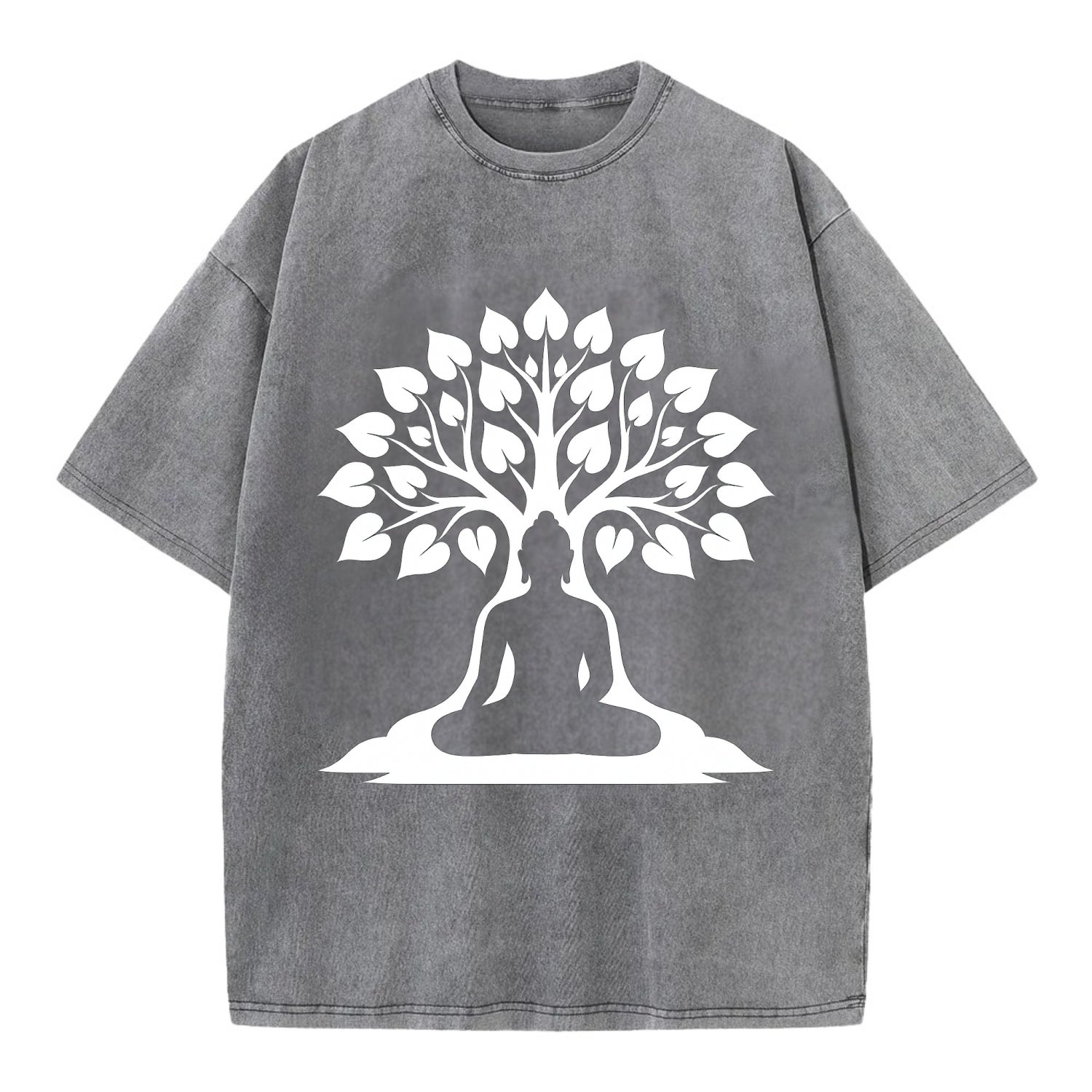 Buddha silhouette meditating - negative space forms bodhi tree - Vintage T-shirt - Grey
