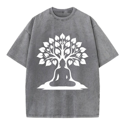 Buddha silhouette meditating - negative space forms bodhi tree - Vintage T-shirt - Grey