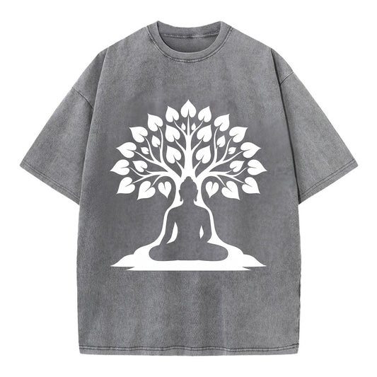 Buddha silhouette meditating - negative space forms bodhi tree - Vintage T-shirt - Grey