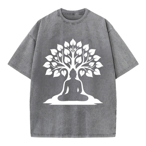 Buddha silhouette meditating - negative space forms bodhi tree - Vintage T-shirt