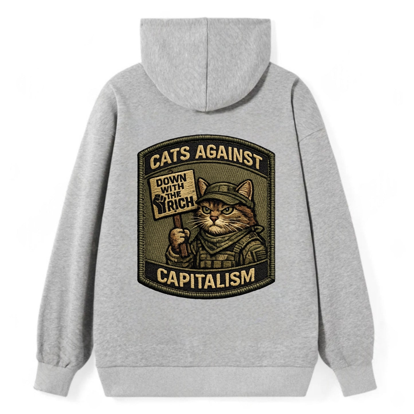 CATS AGAINST CAPITALISM - cat with protest sign in red , political cat - Classic Pullover Hoodie - Grey