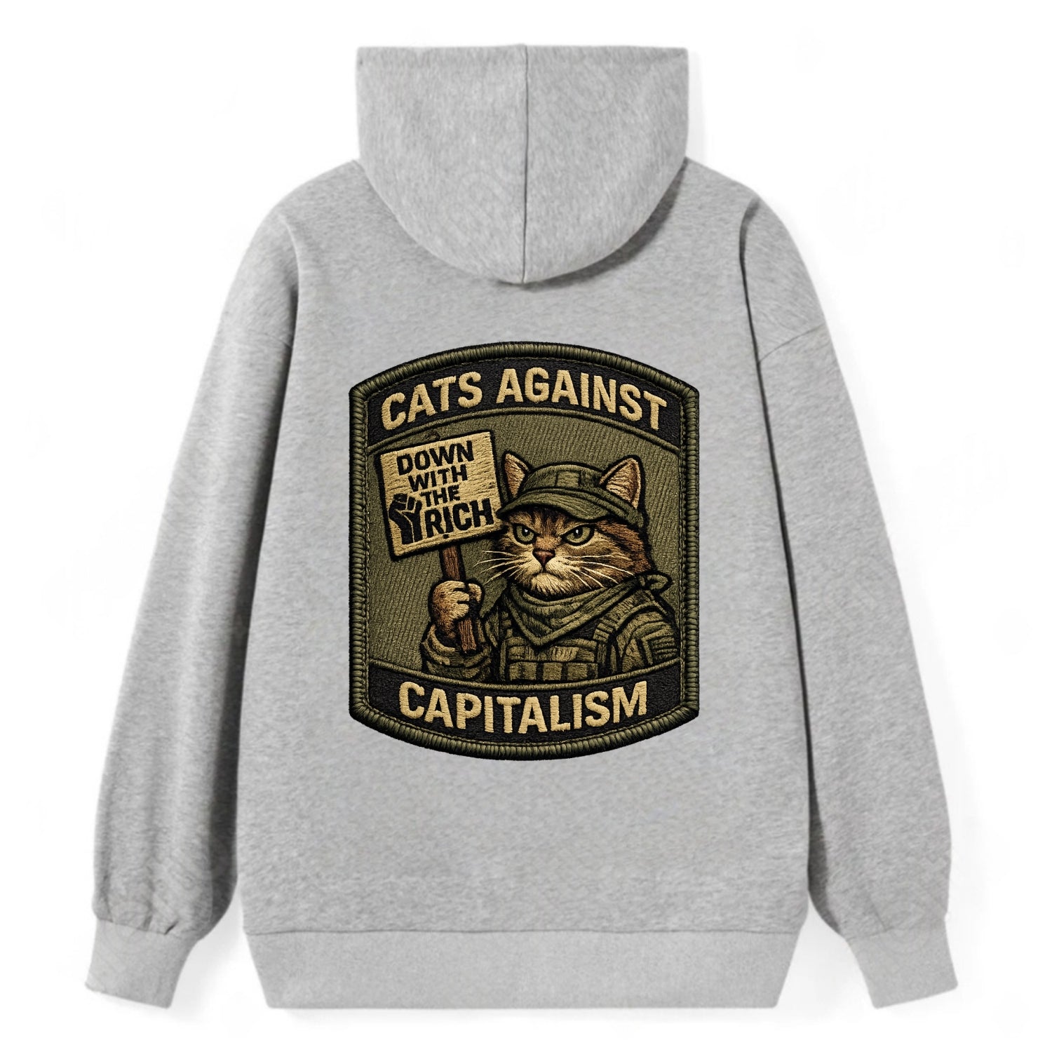 CATS AGAINST CAPITALISM - cat with protest sign in red , political cat - Classic Pullover Hoodie - Grey