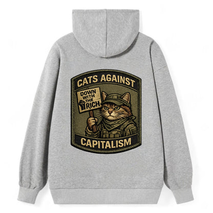 CATS AGAINST CAPITALISM - cat with protest sign in red , political cat - Classic Pullover Hoodie - Grey