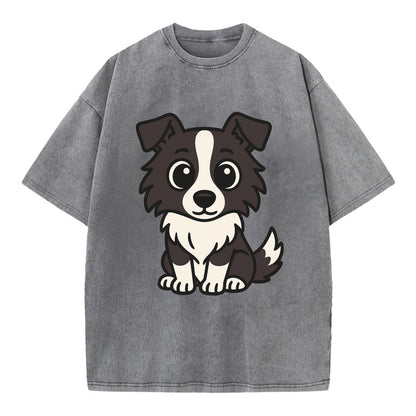 Border Collie - Intense stare sitting pose - Vintage T-shirt - Grey