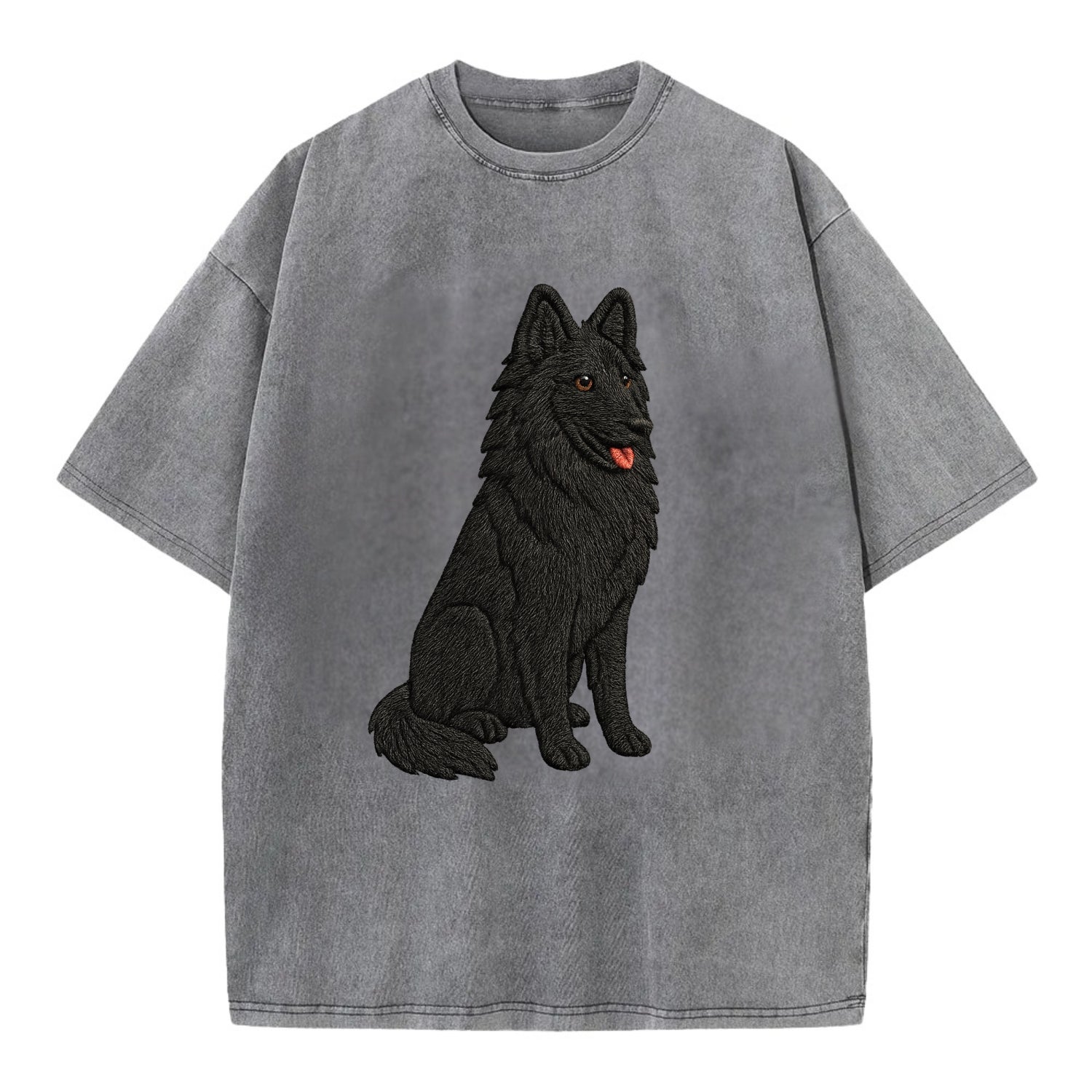 Belgian Sheepdog - Black long-haired embroidered pose - Vintage T-shirt - Grey