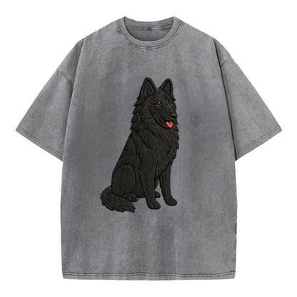 Belgian Sheepdog - Black long-haired embroidered pose - Vintage T-shirt - Grey