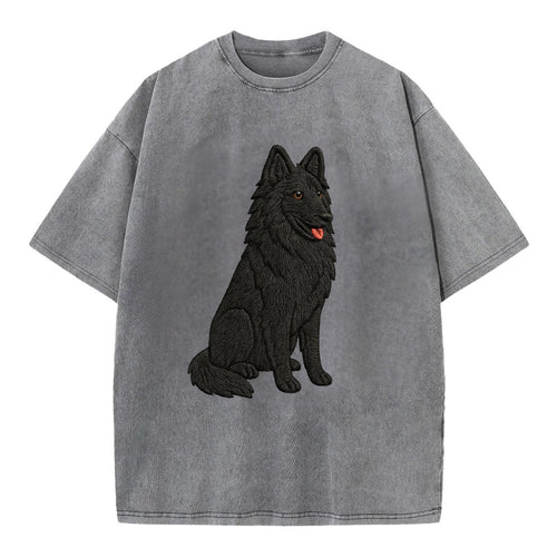 Belgian Sheepdog - Black long-haired embroidered pose - Vintage T-shirt