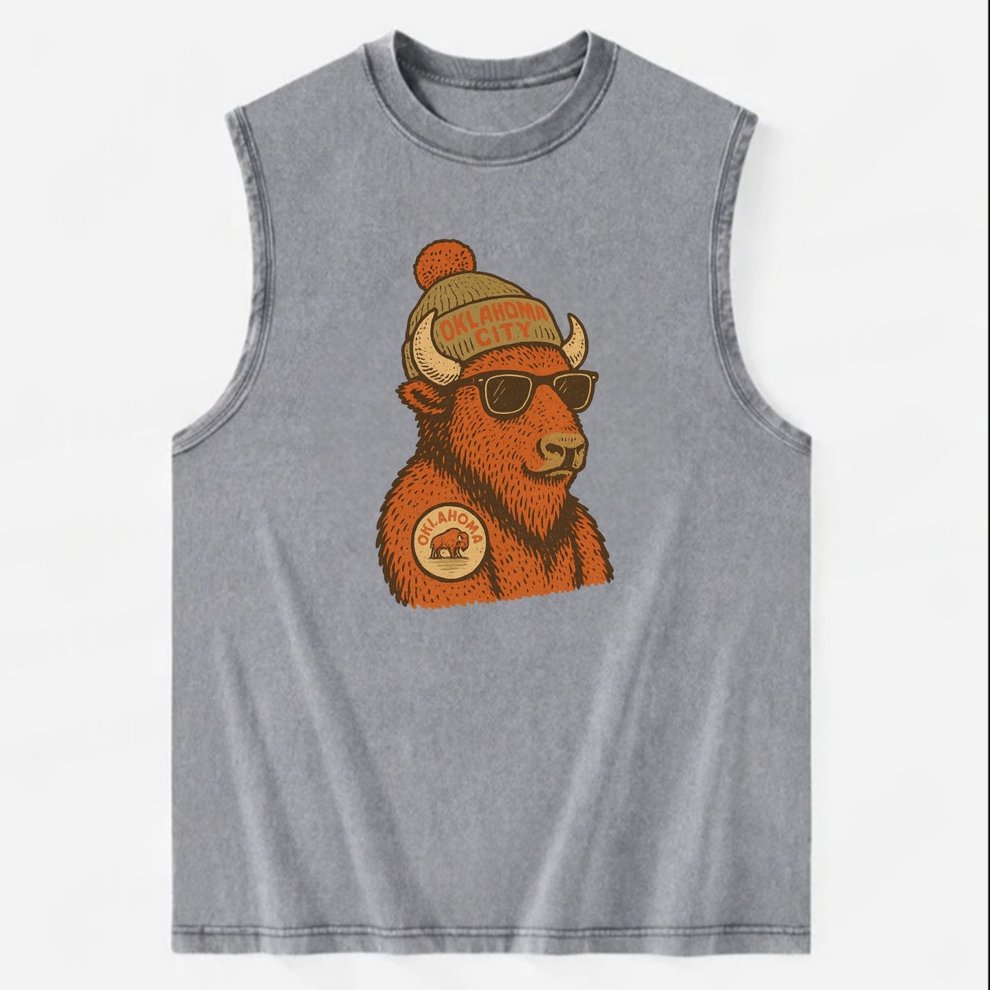 Oklahoma Buffalo wearing Oklahoma City beanie with pom pom and wayfarer - Vintage Washed Tank - Grey