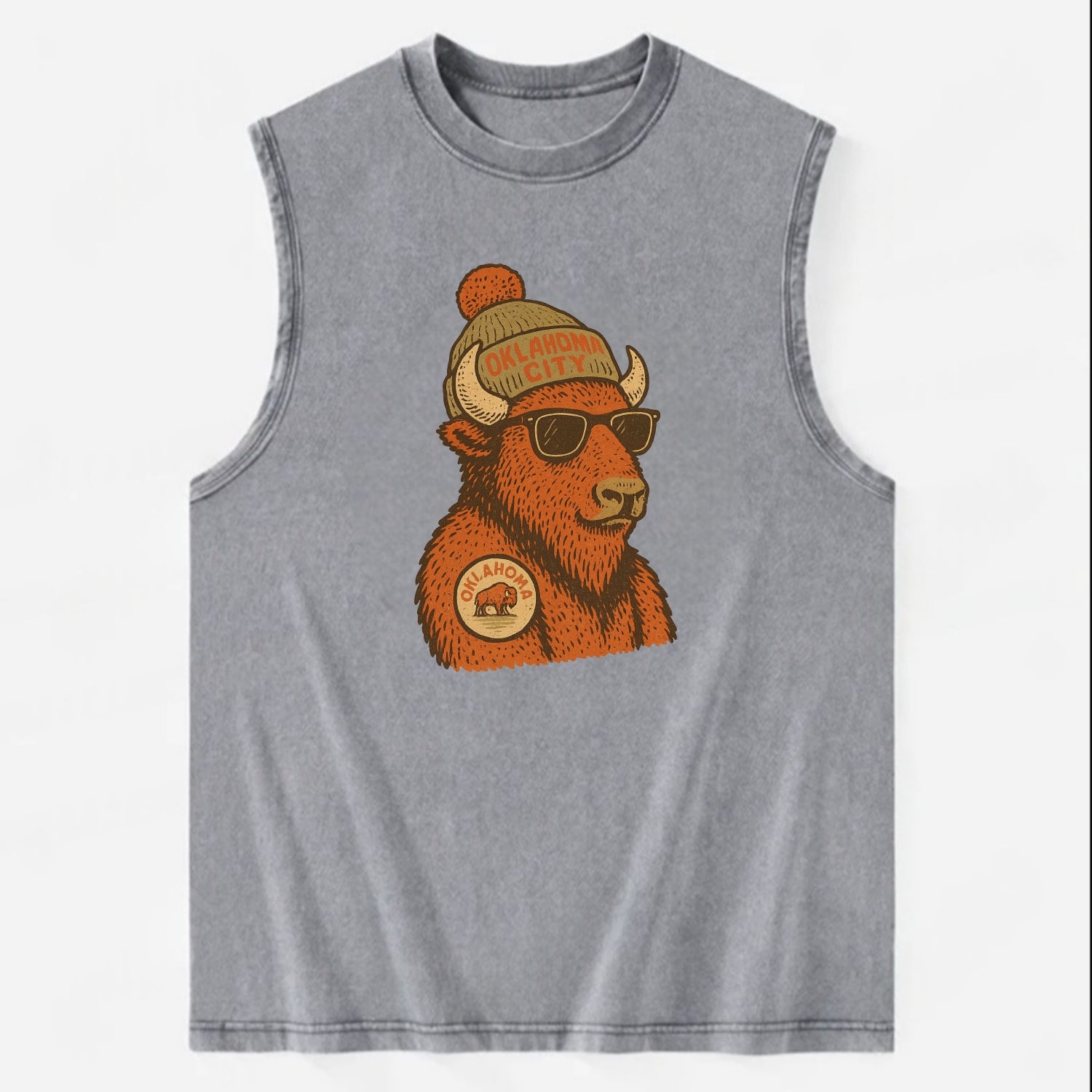 Oklahoma Buffalo wearing Oklahoma City beanie with pom pom and wayfarer - Vintage Washed Tank - Grey