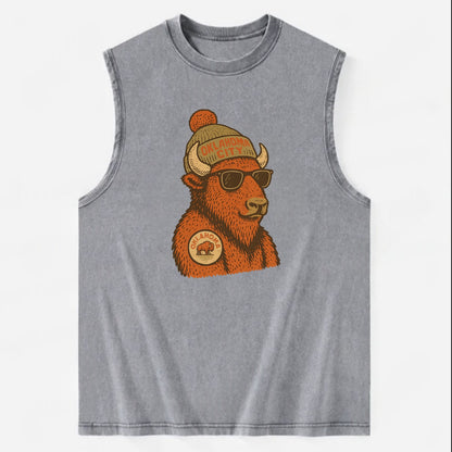 Oklahoma Buffalo wearing Oklahoma City beanie with pom pom and wayfarer - Vintage Washed Tank - Grey