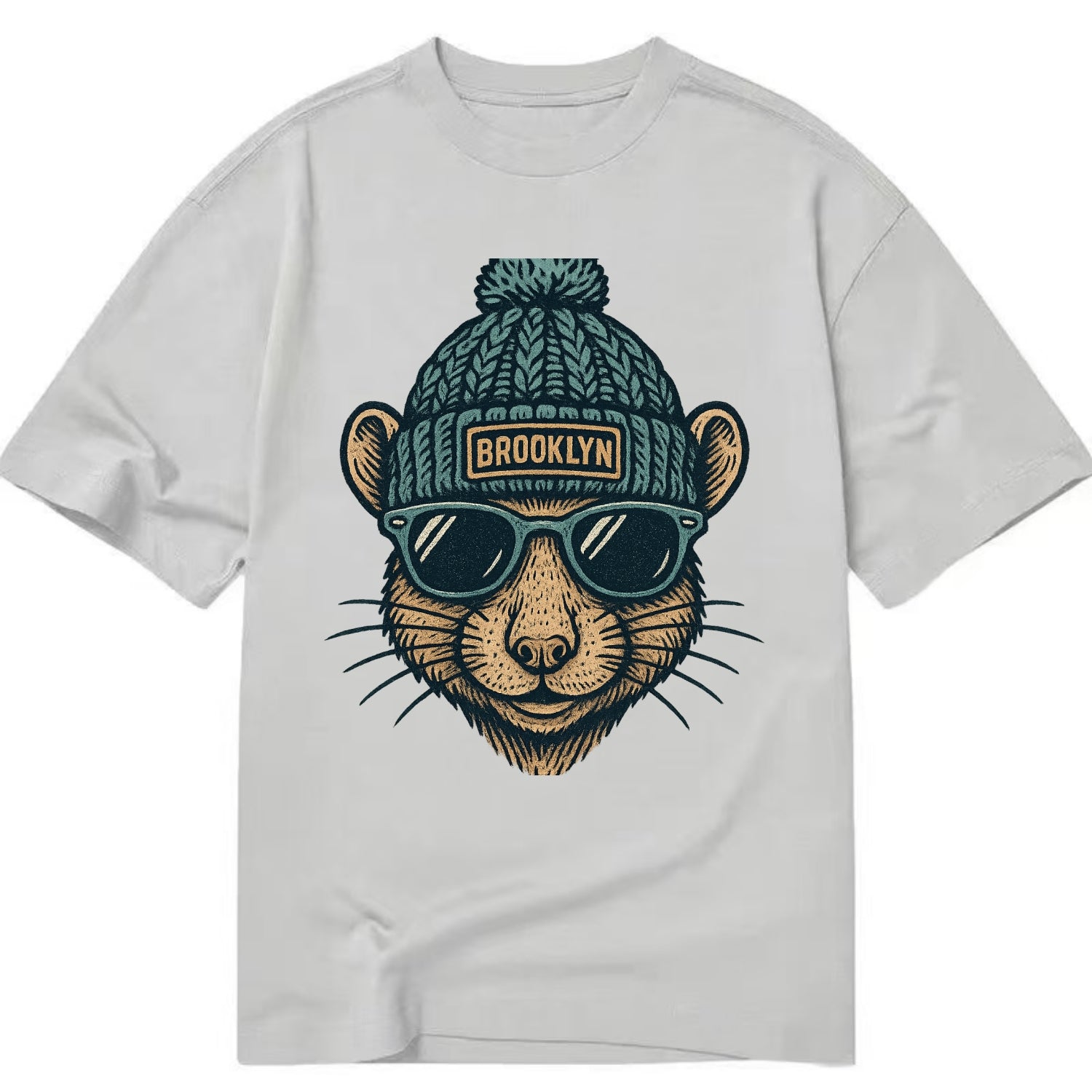 NYC Rat wearing Brooklyn beanie with pom pom and wayfarer sunglasses - Classic T-shirt - Grey