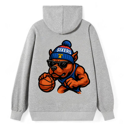 Philly Pitbull wearing Sixers beanie with Liberty Bell and wayfarer - Classic Pullover Hoodie - Grey