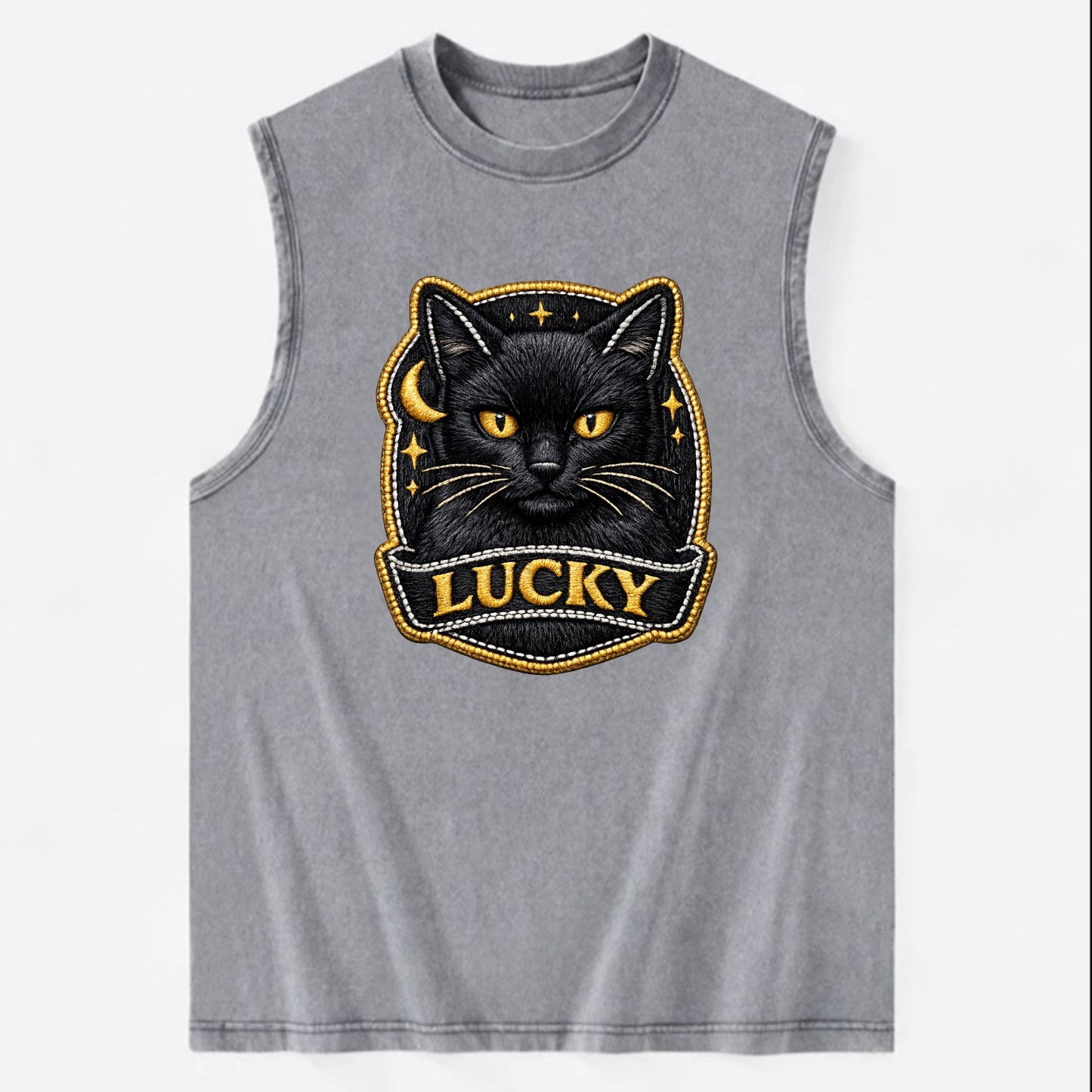 BLACK CAT LUCKY - sleek black cat with gold eyes in black , mysterious feline - Vintage Washed Tank - Grey