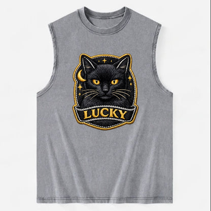 BLACK CAT LUCKY - sleek black cat with gold eyes in black , mysterious feline - Vintage Washed Tank - Grey