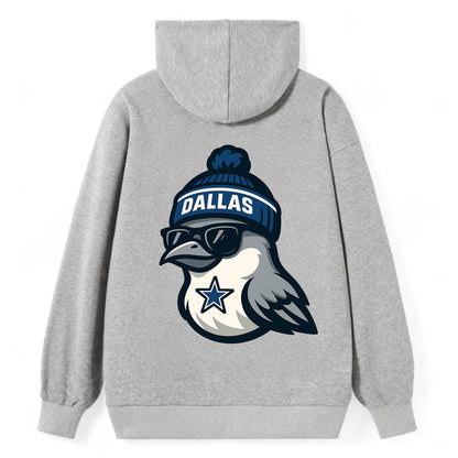Dallas Mockingbird wearing Cowboys beanie with sheriff star and wayfarer - Classic Pullover Hoodie - Grey