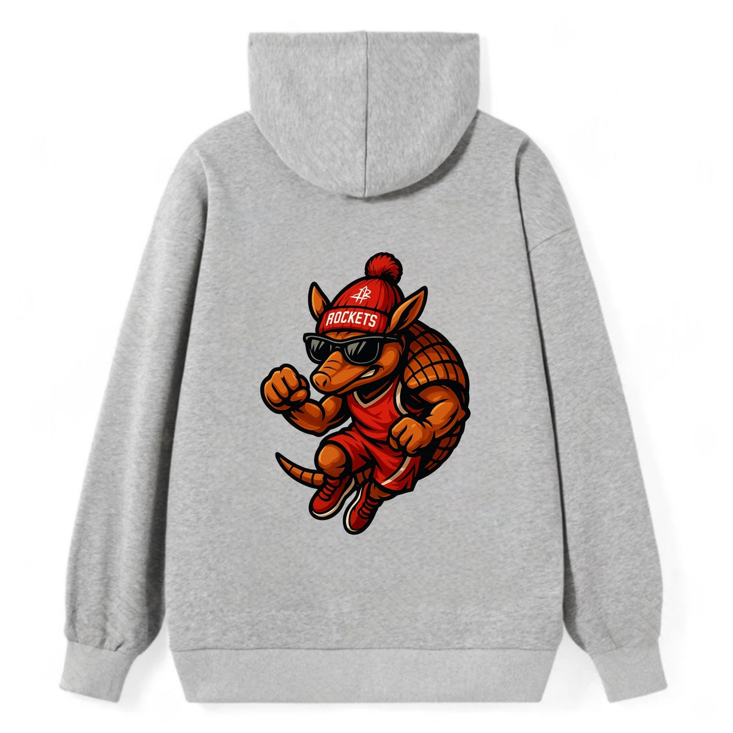 Houston Armadillo wearing Rockets red and silver beanie with rocket ship - Classic Pullover Hoodie - Grey