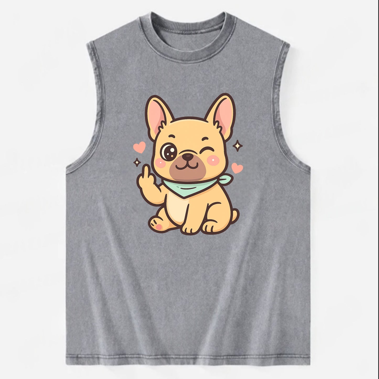 French Bulldog sitting with bat ears up, strong paw with sass - Vintage Washed Tank - Grey