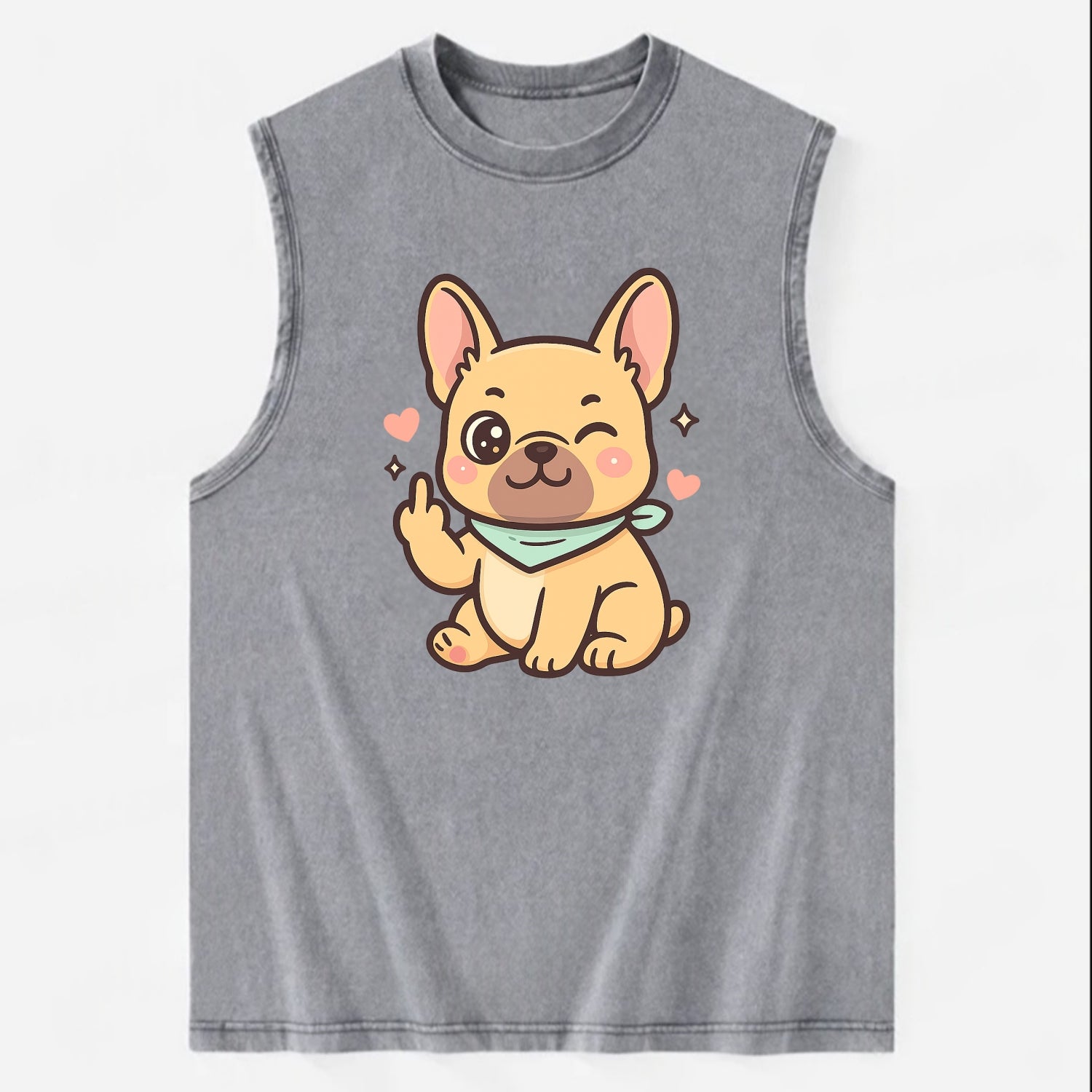 French Bulldog sitting with bat ears up, strong paw with sass - Vintage Washed Tank - Grey