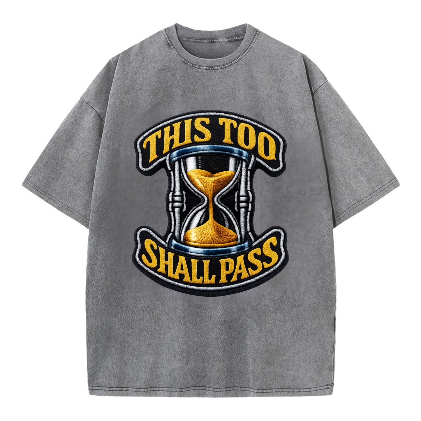 THIS TOO SHALL PASS - hourglass with text in gold , perspective - Vintage T-shirt - Grey